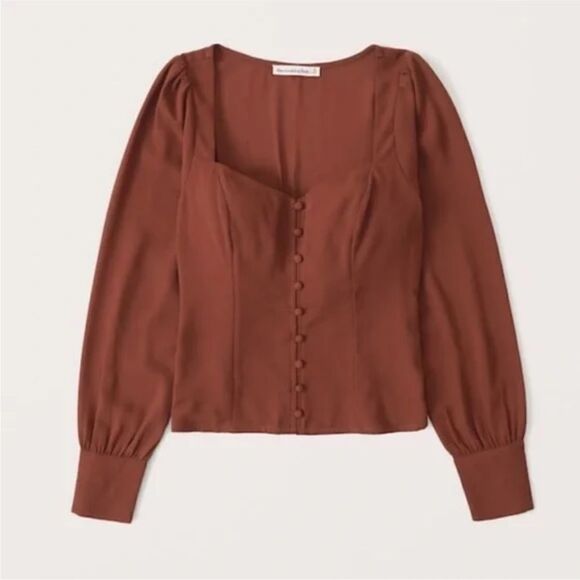 ABERCROMBIE & FITCH Long Sleeve Button Through V-Neck Top Brown Size Small - Picture 1 of 6